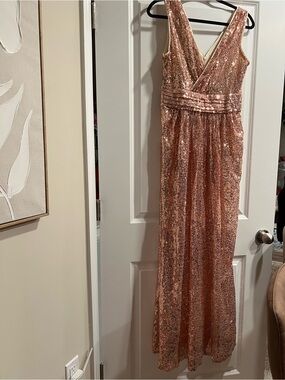 Sequined Rose Gold Evening Gown - Sleeveless V-Neck